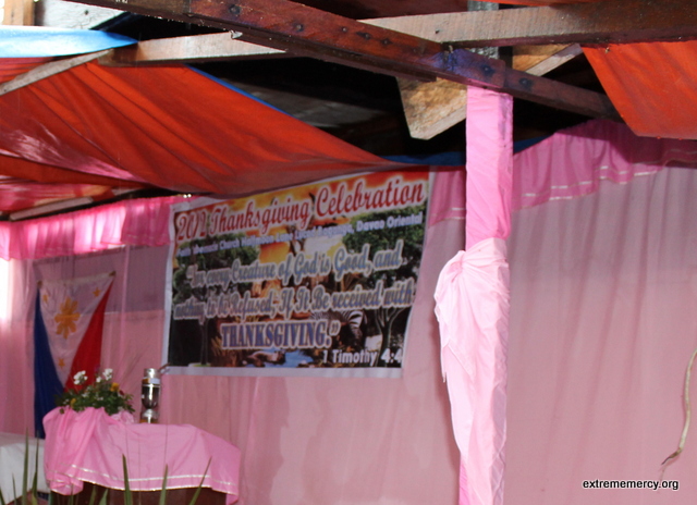 One of the few churches in Baganga that still has walls, but the roof was torn off.