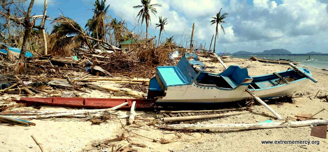 A Fishing boat cut in half by Typhoon Haiyan near Panay Island. 