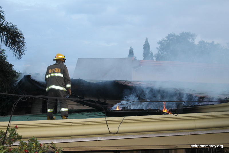 A fireman extinguishing the fire on top of our neighbor's house that was sadly gutted by the fire.